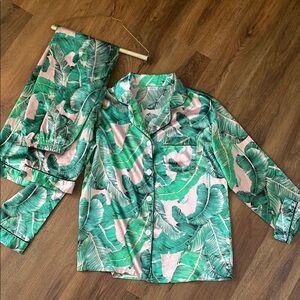 Palm Leaf Print Green and Pink Women's Pajama Set